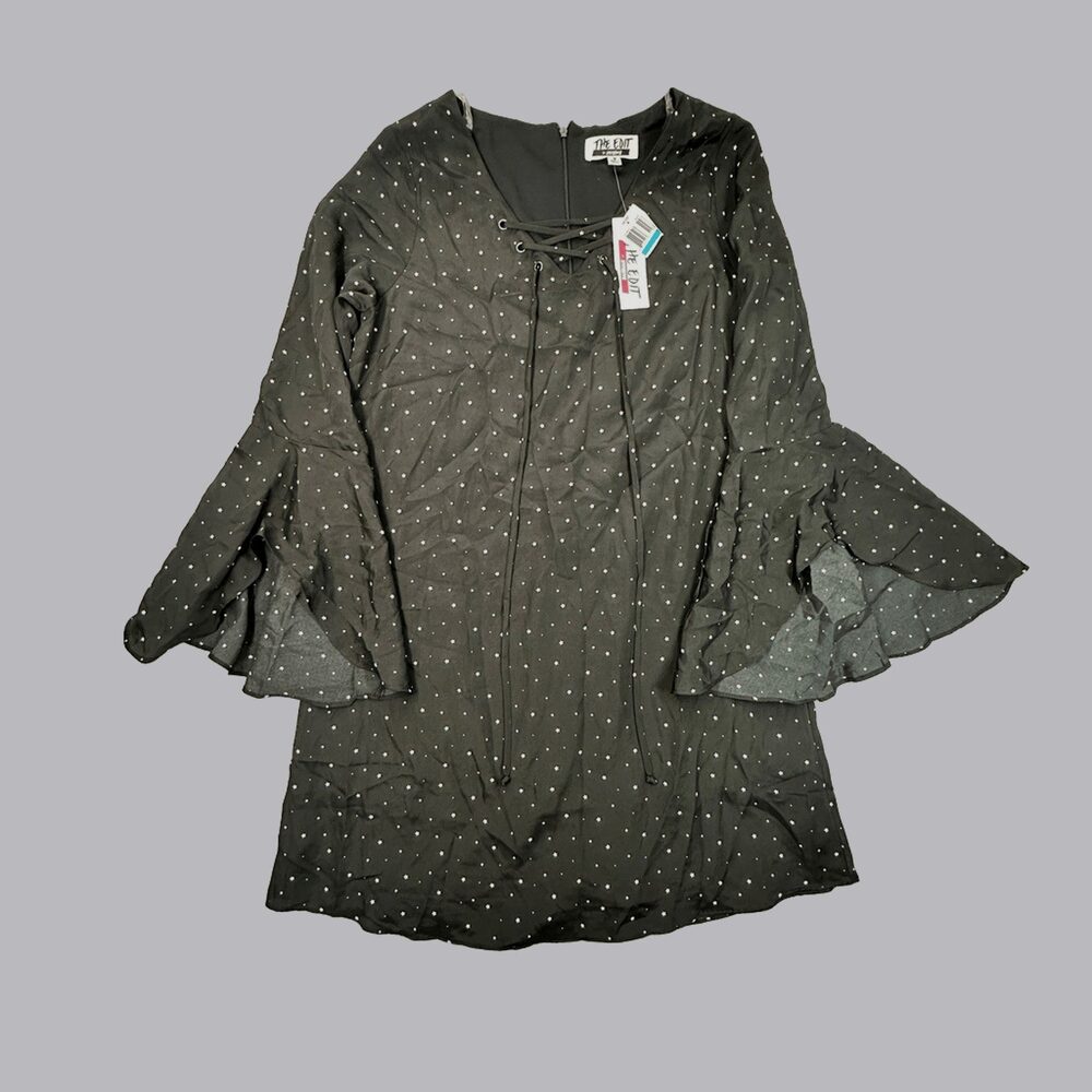 Boho The Edit by Seventeen Star Print Bell Sleeve Mini Dress Black White S